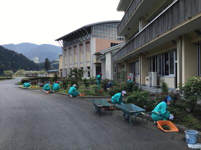 バラ園の雑草をむしりました。肥料をたくさん与えているので、雑草も元気に伸びています。5月の綺麗なバラ園を楽しみに、生徒達は、一生懸命に取り組んでました。